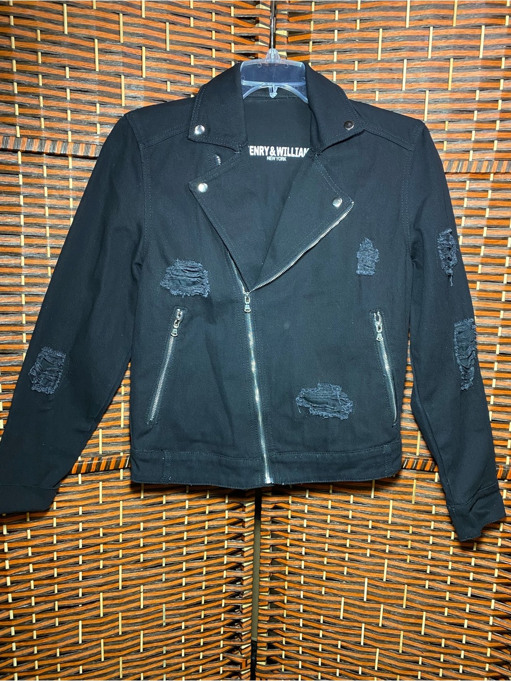 Henry & William New York Distressed Moto Jacket Black Zip Fron